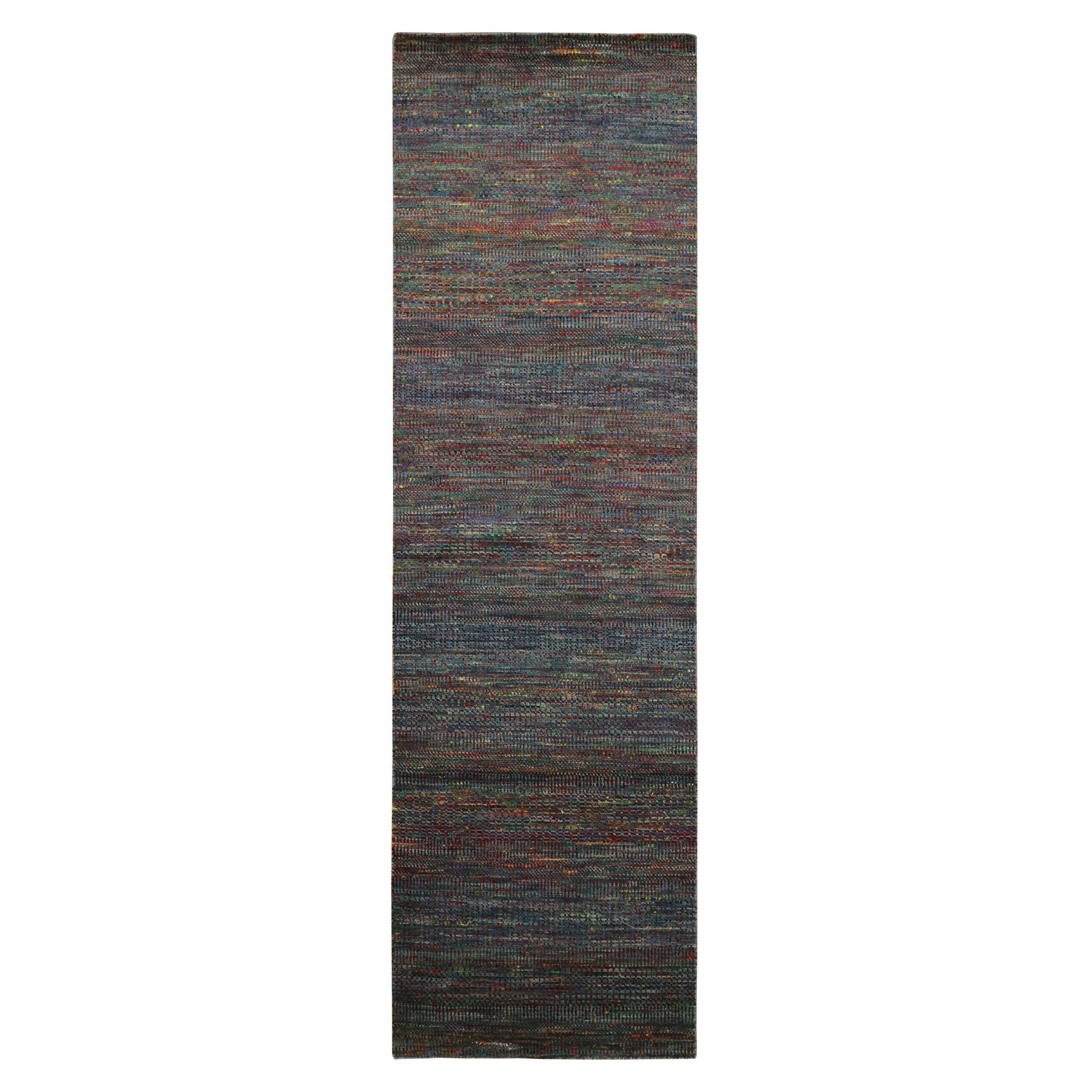 3'x10'2" Cobalt Blue, Hand Knotted, Colorful Grass Design, Wool and Silk, Tone on Tone, Modern, Runner, Oriental Rug 